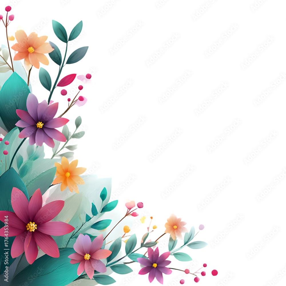 Fototapeta premium Colorful Floral Arrangement with Pink, Purple, Orange Flowers on Transparent Background