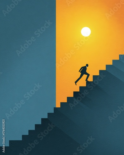 Businessman climbing abstract stairs toward bright light symbolizing ambition, growth, and achievement.