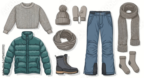 Winter clothing illustrations Cozy sweater, warm jacket, pants, and accessories for cold weather