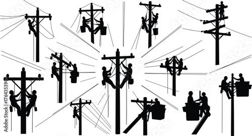Utility worker silhouette vector set, black and white electrical maintenance illustration, power line repair design, infrastructure service graphic collection