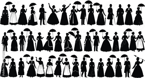 Victorian silhouette illustration, black vector design showing men and women in vintage clothing, parasols, top hats, historical fashion concept, elegant theme