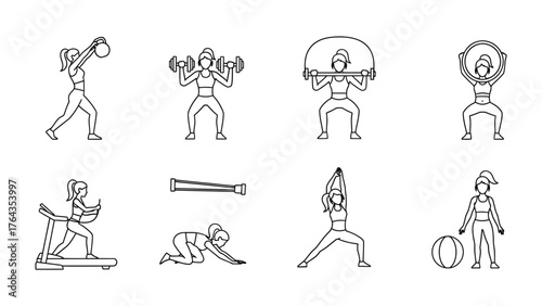 Fitness Icon Set: Diverse illustrations capture various exercise routines, perfect for illustrating fitness concepts.