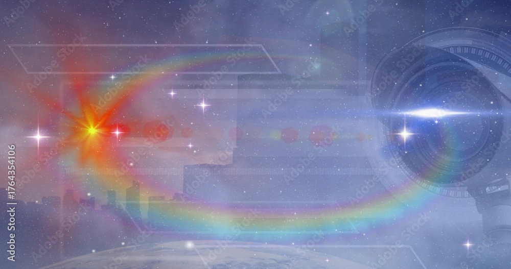 Fototapeta premium Metallic lens orbiting Earth with planet horizon silhouette, rainbow arc, UI, copy space