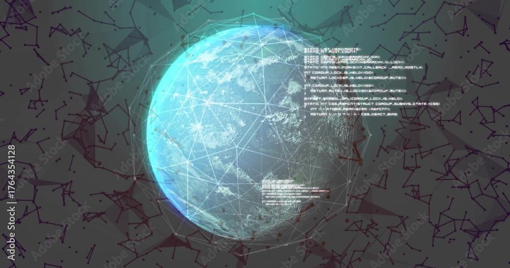 Fototapeta premium Displaying digital globe hovering in abstract network space, with code snippets and node clusters