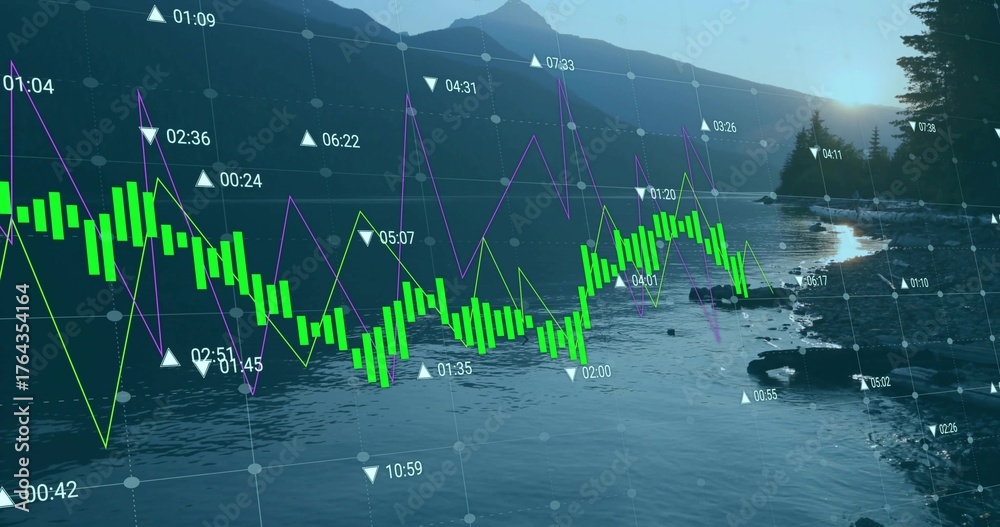 Naklejka premium Overlaying translucent data on rocky lake shore at dawn, with green bars purple and yellow lines