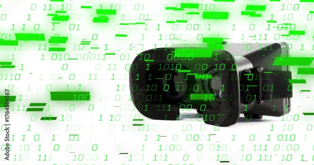 Naklejka premium Showcasing black surveillance camera tracking green binary code on white wall, with cyber risk