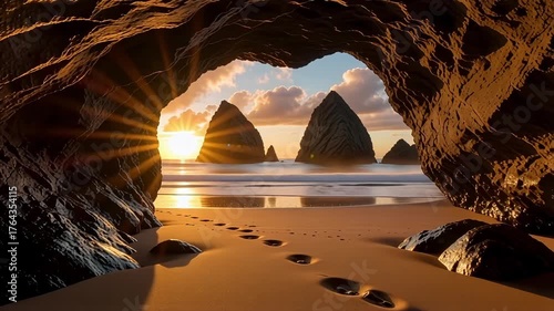 Beautiful beach cave ocean sunset view nature travel destination scenic landscape photography rocks coast 100