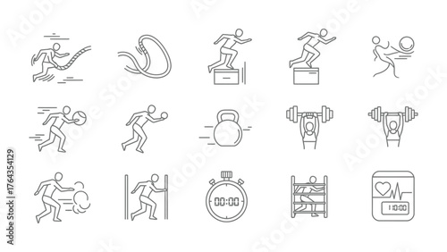 Fitness Icons: A dynamic collection of fitness icons, meticulously crafted to represent diverse workout routines and the essence of physical well-being. From rope climbs to weightlifting.