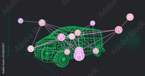 Displaying neon green wireframe minivan model in 3D grid space, showing pink user node network