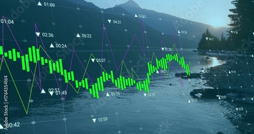 Overlaying translucent data on rocky lake shore at dawn, with green bars purple and yellow lines