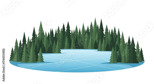 Isolated winter nature landscape with a frozen lake surface and a thick evergreen tree forest backdrop