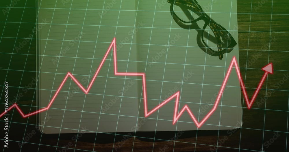 Naklejka premium Displaying red line graph arrow rising over grid overlay on office desk, with laptop eyeglasses