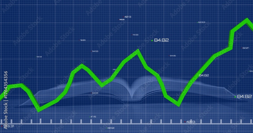 Fototapeta premium Displaying bright green line graph with numeric labels on blueprint grid overlaying book silhouette