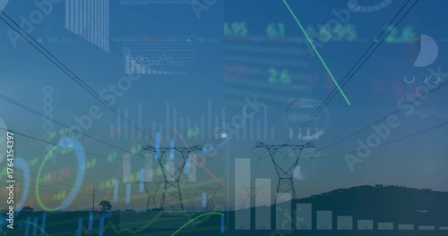 Featuring steel lattice pylons and power lines stretching at dusk rural field, with data overlays