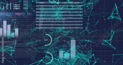 Displaying visualization on blue interface, with network mesh, bar charts, gauges and index table