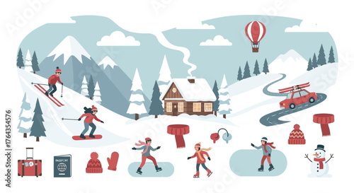 Winter Wonderland Scene with People Enjoying Snowy Activities and Festive Elements