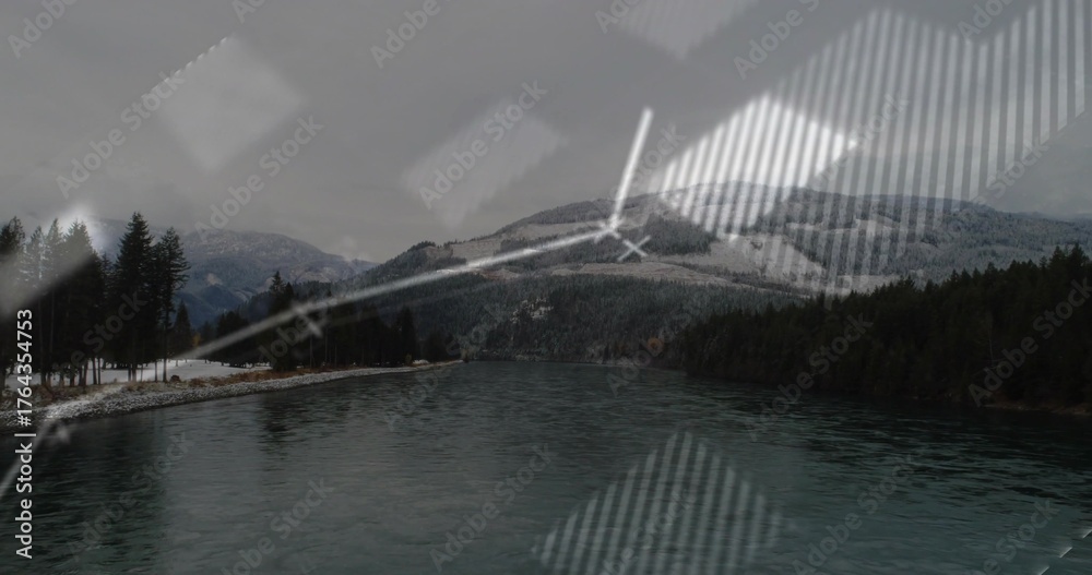 Fototapeta premium Flowing through mountain valley forest, broad river featuring snowy banks and digital overlay lines