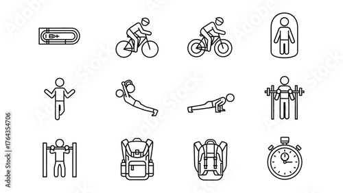 Exercise Icons: A collection of simple line art icons. Illustrating a range of activities. From cycling to weightlifting, these images encapsulate the essence of fitness and health. 