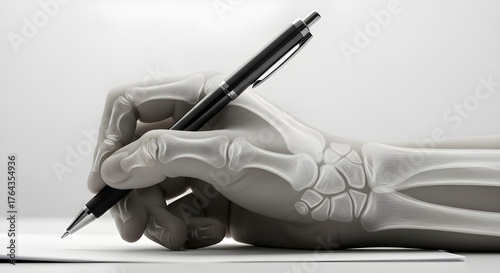 A realistic x-ray style image showing a human hand holding a pen while writing, revealing the detailed bone structure beneath the skin in a scientific and artistic composition