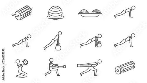 Workout tools with Icons: A collection of various workout tools illustrated, offering a visual guide to physical fitness and exercise routines.