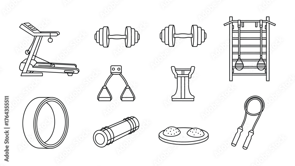 Obraz premium Gym Equipment Collection: An assortment of essential gym equipment, each piece meticulously outlined, forming a complete toolkit for fitness enthusiasts. The illustration showcases a treadmill.