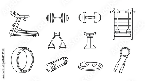 Gym Equipment Collection: An assortment of essential gym equipment, each piece meticulously outlined, forming a complete toolkit for fitness enthusiasts. The illustration showcases a treadmill.