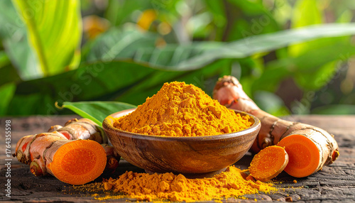 Detailed photograph highlighting the texture of turmeric root in a bowl.

