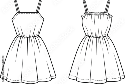 Black and white fashion dress vector, sleeveless women clothing illustration, line art apparel sketch, trendy summer outfit design template