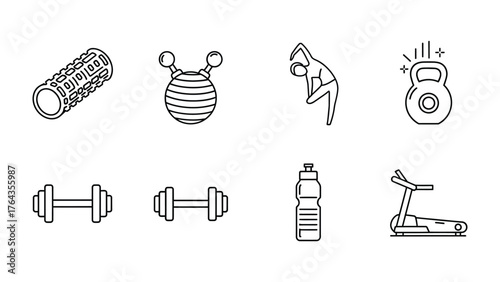 Fitness Icons: A collection of simple, clean line art icons representing essential fitness equipment and exercises, perfect for illustrating health, wellness, and exercise concepts.
