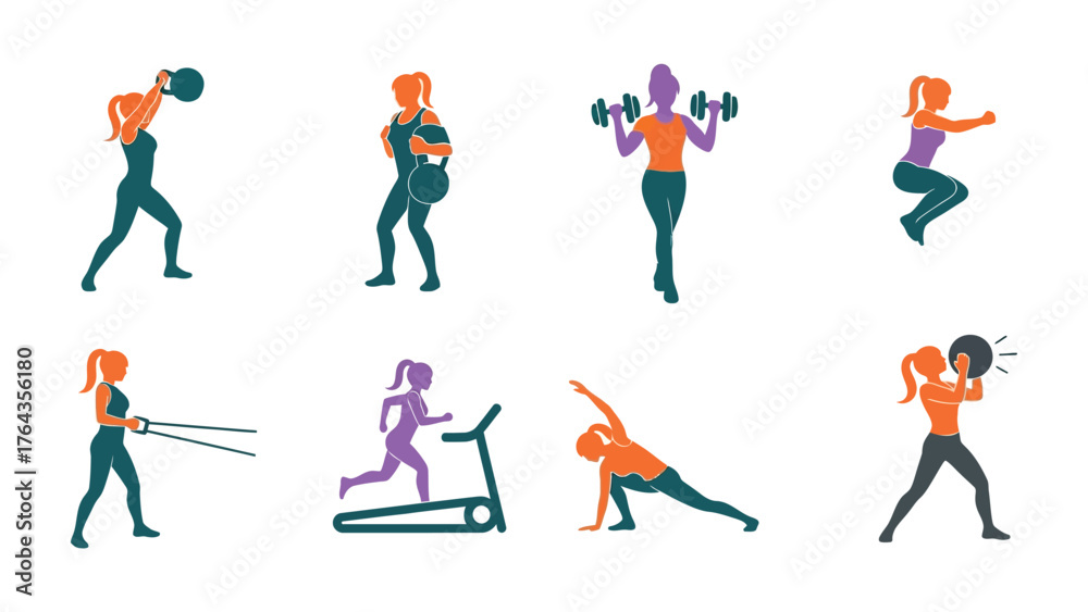 Fototapeta premium Active Women's Workout: a set of illustrations, showcasing active women during exercise routines, emphasizing the vitality of fitness, healthy lifestyle and determination.