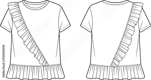 Fashion vector illustration, technical flat sketch, short sleeve ruffle top, asymmetrical blouse design, women apparel mockup, garment construction drawing