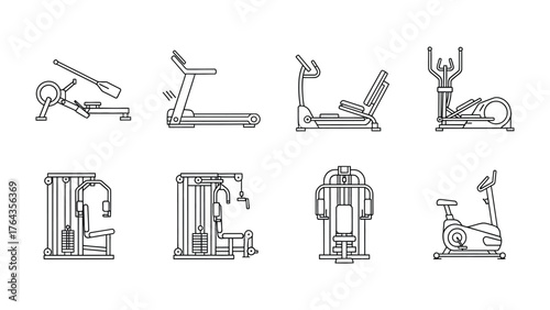 Gym Equipment Icons: A set of eight meticulously illustrated icons showcases a comprehensive array of fitness equipment. The icons are meticulously designed.