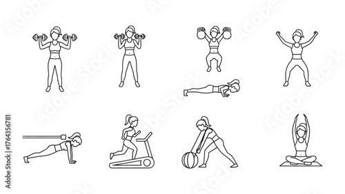 Fitness Workout Icons: A comprehensive set of fitness workout icons depicting various exercises for a healthy lifestyle. Designed in a sleek, monochrome style.