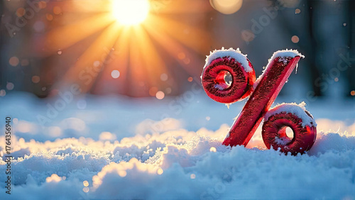 Red percentage sign on snow background outdoor, glitter and snowflakes and sun rays. Winter sale and discounts, Black Friday, New Year, Christmas. banner, flyer with copy space. 