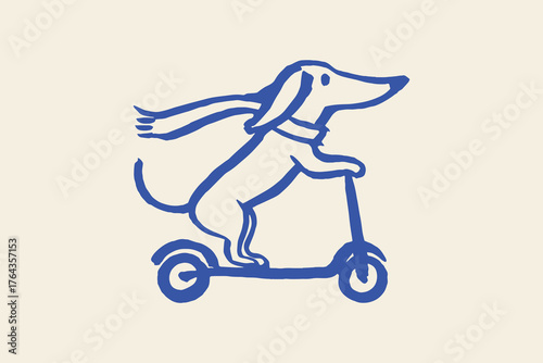 Dachshund riding scooter minimalist sketch vector illustration
