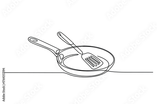 Minimalist line art of a frying pan and spatula