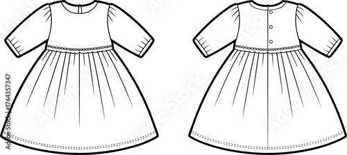 Vector child dress illustration, technical fashion sketch, kids apparel template, ruffle sleeve design, sewing pattern, garment mockup, clothing flat drawing, line art