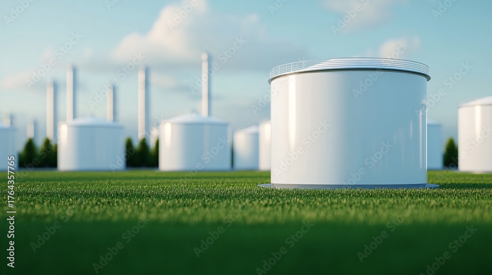 Fototapeta premium Wide horizon shot of hydrogen and biofuel energy plant near airport runway. 