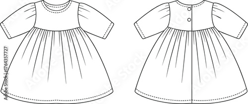 Vector child dress illustration, technical fashion sketch, puff sleeve kids apparel, empire waist design, sewing pattern, garment mockup, clothing flat drawing, line art