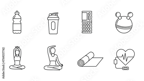 Fitness Icons: A collection of minimalist line art icons representing essential elements of fitness and well-being. Includes yoga, shaker bottle and heart rate monitor.