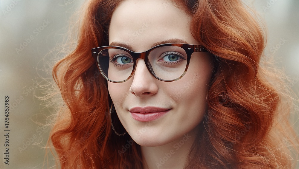Fototapeta premium Gazing red curly-haired woman wearing tortoiseshell glasses outdoors showing silver hoop earring
