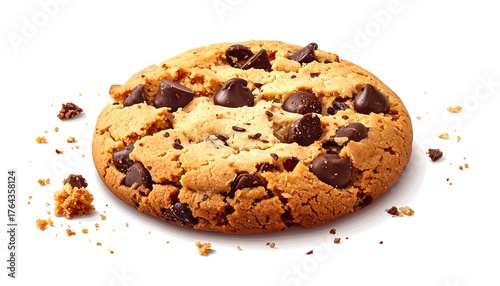 A single chocolate chip cookie with crumbled pieces around it, lit naturally against a plain white background
