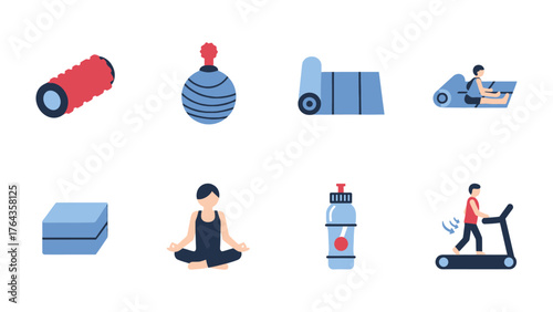 Fitness Essentials: A collection of wellness tools including a foam roller, cupping therapy tools, yoga mat, yoga brick, exercise bike, meditation, water bottle, and treadmill.