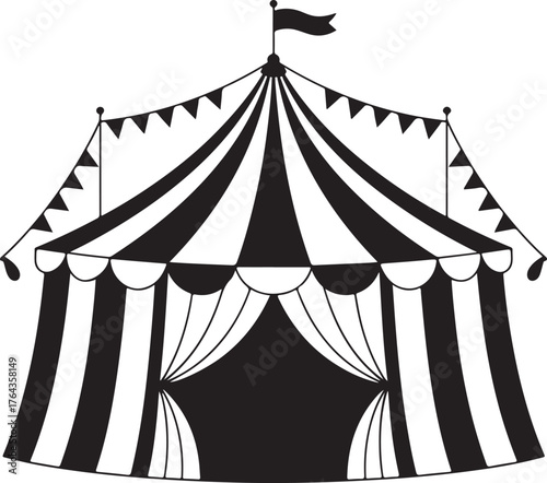 Vintage black and white circus tent icon with bunting banner