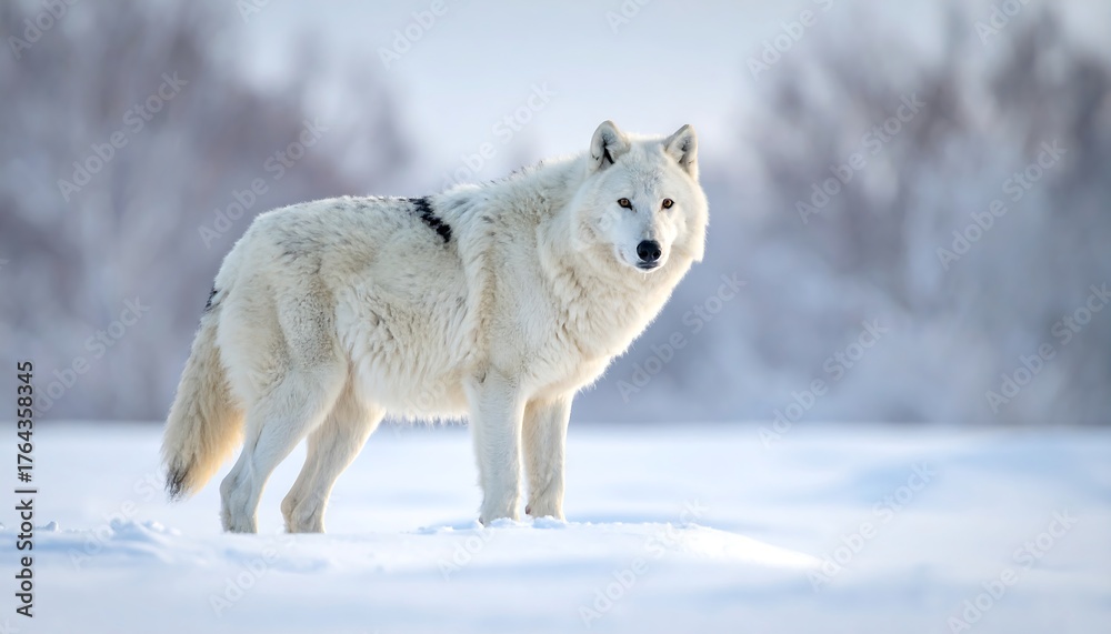 Obraz premium A white wolf with slight black markings stands in a snowy field with blurred trees visible in the distant background