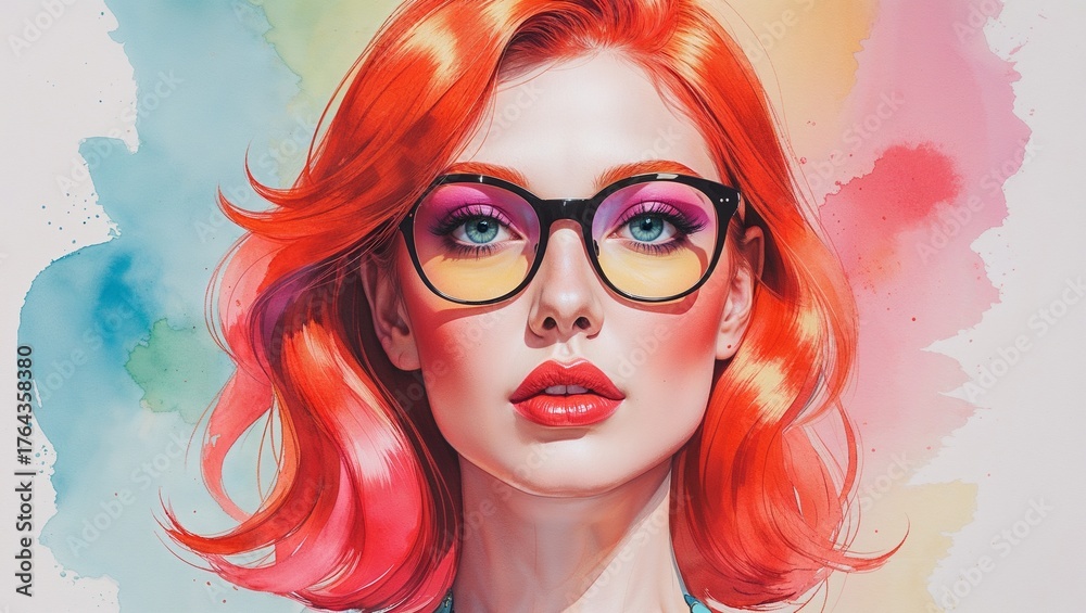 Obraz premium Displaying woman wearing black-rimmed eyeglasses, sporting pink yellow eyeshadow in studio portrait