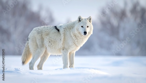 A white wolf with slight black markings stands in a snowy field with blurred trees visible in the distant background