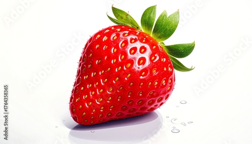 A single, ripe strawberry with green leaves on a white reflective surface, with a few small water droplets nearby