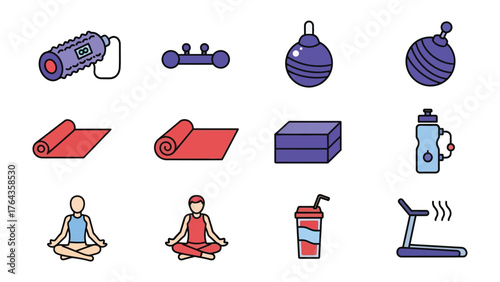 Fitness Icons: A collection of various fitness equipment. From yoga mats to treadmill. Reflecting the essence of health and active lifestyle.
