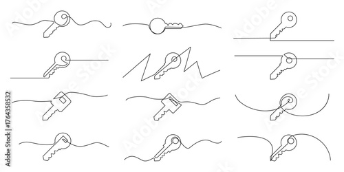 One line key. Continuous keyword symbol, unlock art vector illustration, minimal key